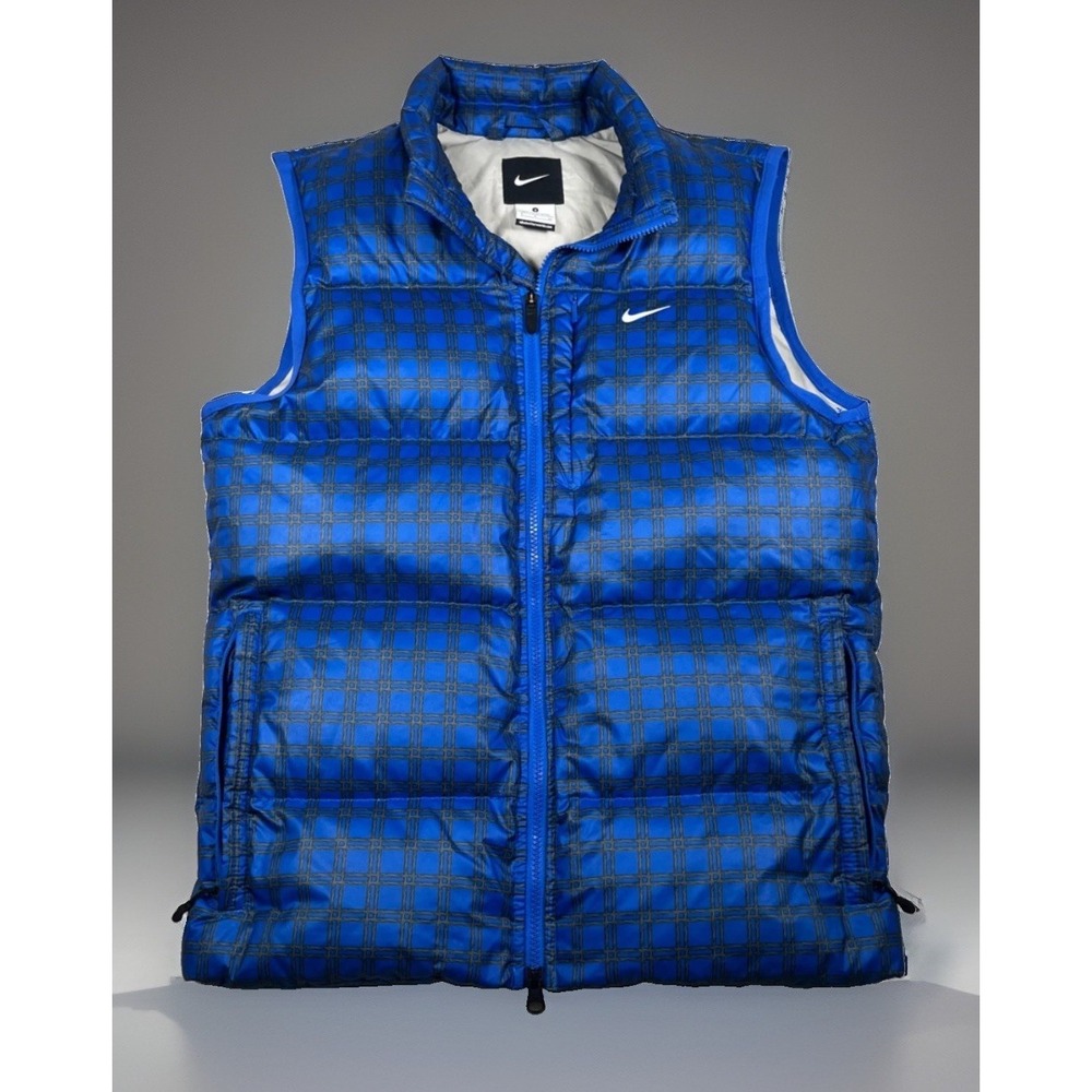 Nike 550 Down Puffer Vest Mens Small Blue Plaid Geometric Full Zip Jacket 447985